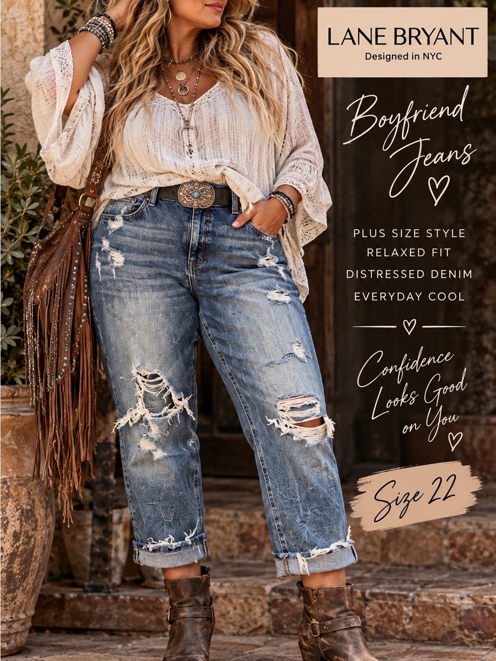 Lane Bryant Distressed Boyfriend Jeans in Blue Denim